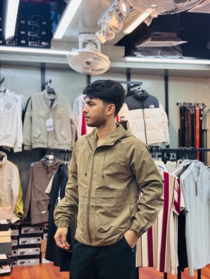 Cream colour men's hooded windbreaker jacket