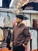 Brown men's hooded windbreaker jacket